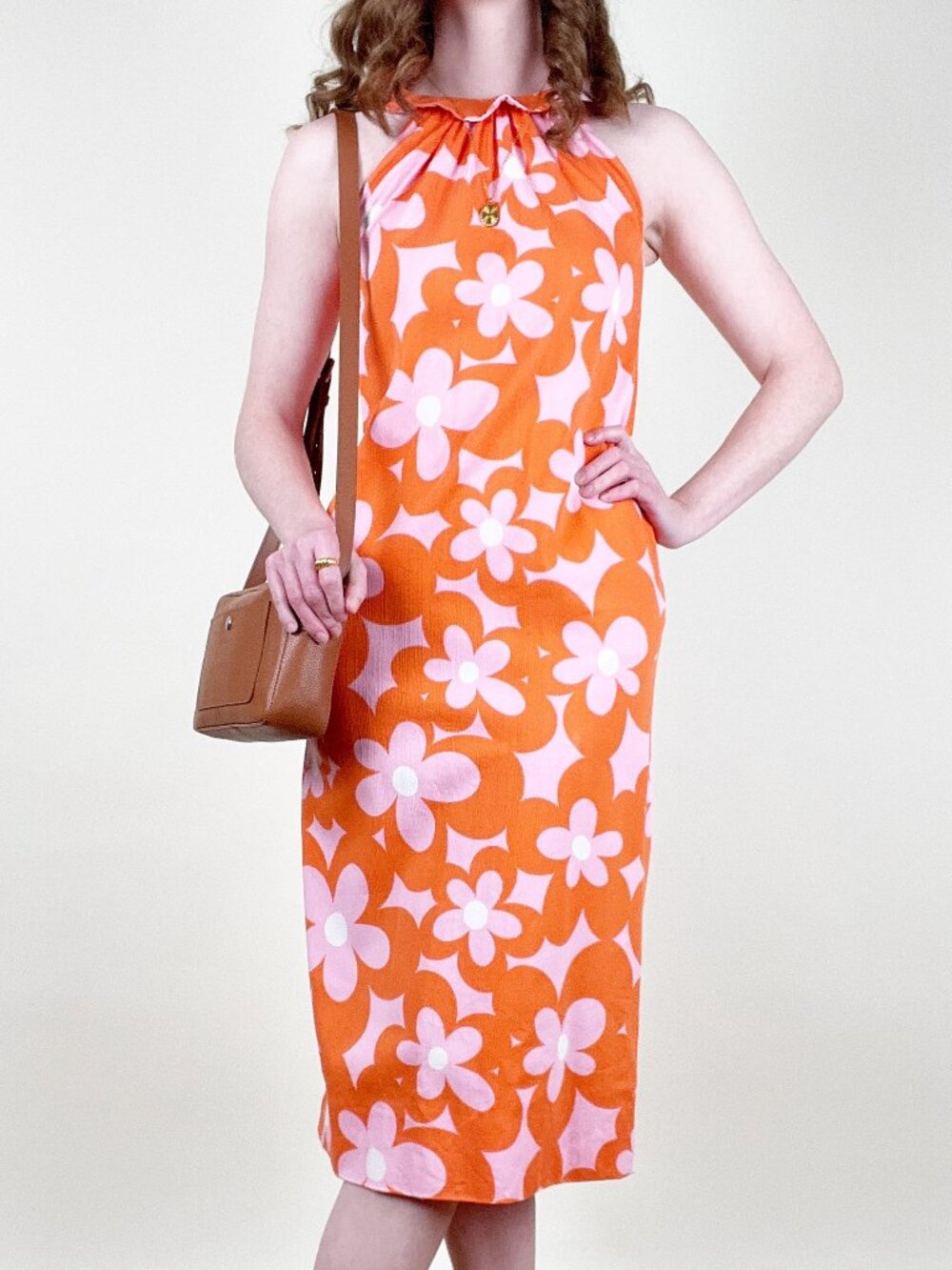 Vintage 60s 70s Mod Flower Power Print Midi Sun Dress Halter MCM 1960's 1970's - Picture 2 of 11